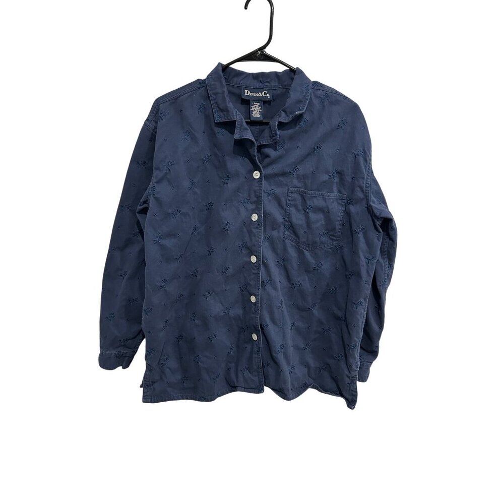 Denim & Co. Floral Eyelet Embroidered Button Up Shirt Navy Blue Sz Large Cotton